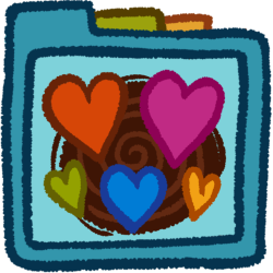 five hearts of different colors in front of a black circle with faint brown spirals. It's inside a teal folder that has green and orange folder tabs behind it.